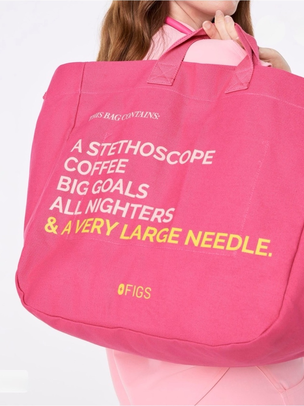 Figs Hot Pink Canvas Tote with Yellow Text